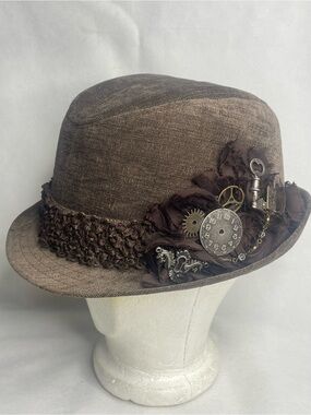 Toppers Original Venetian Steampunk Fedora Cap Deluxe Brown Gear Keys Chain Hat